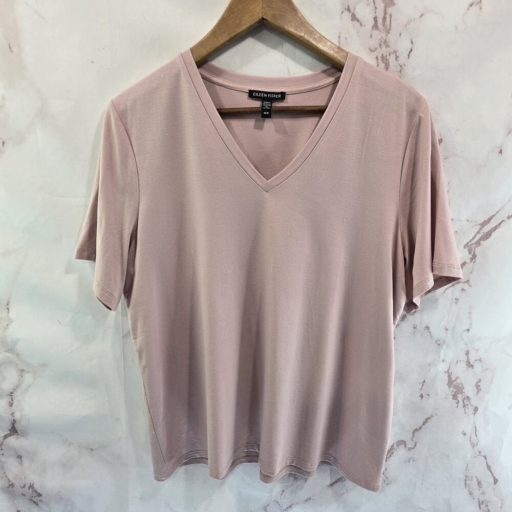 Eileen Fisher Shirt Womens Medium Pink Short Sleeve V Neck Lyocell Boxy Crop